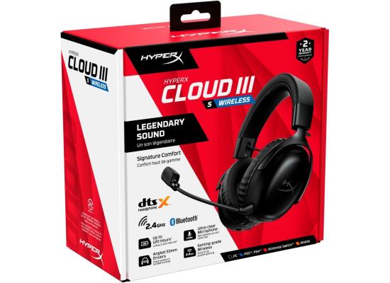 HyperX Cloud III S Wireless Gaming Headset (2.4GHz, Bluetooth), DTS:X Spatial Virtual 3D Surround Sound Spatial Audio, Battery Life up to 120 Hours 2.4GHz / 200 Hours Bluetooth, Detachable Mic Multi-Platform– Black