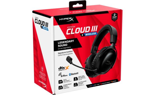 HyperX Cloud III S Wireless Gaming Headset (2.4GHz, Bluetooth), DTS:X Spatial Virtual 3D Surround Sound Spatial Audio, Battery Life up to 120 Hours 2.4GHz / 200 Hours Bluetooth, Detachable Mic Multi-Platform– Black