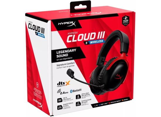 HyperX Cloud III S Wireless Gaming Headset (2.4GHz, Bluetooth), DTS:X Spatial Virtual 3D Surround Sound Spatial Audio3 Battery Life up to 120 Hours 2.4GHz / 200 Hours Bluetooth, Detachable Mic Multi-Platform– Black & Red