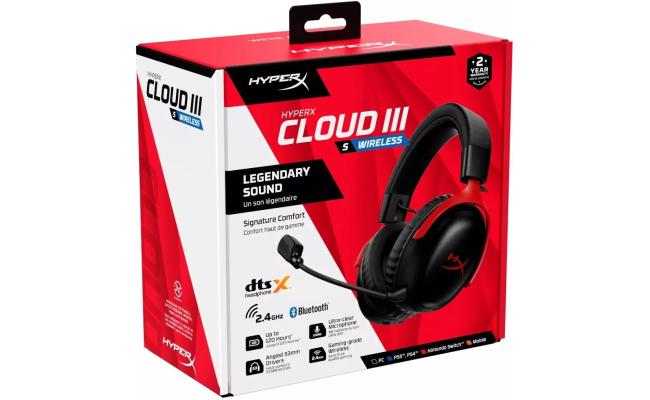 HyperX Cloud III S Wireless Gaming Headset (2.4GHz, Bluetooth), DTS:X Spatial Virtual 3D Surround Sound Spatial Audio3 Battery Life up to 120 Hours 2.4GHz / 200 Hours Bluetooth, Detachable Mic Multi-Platform– Black & Red