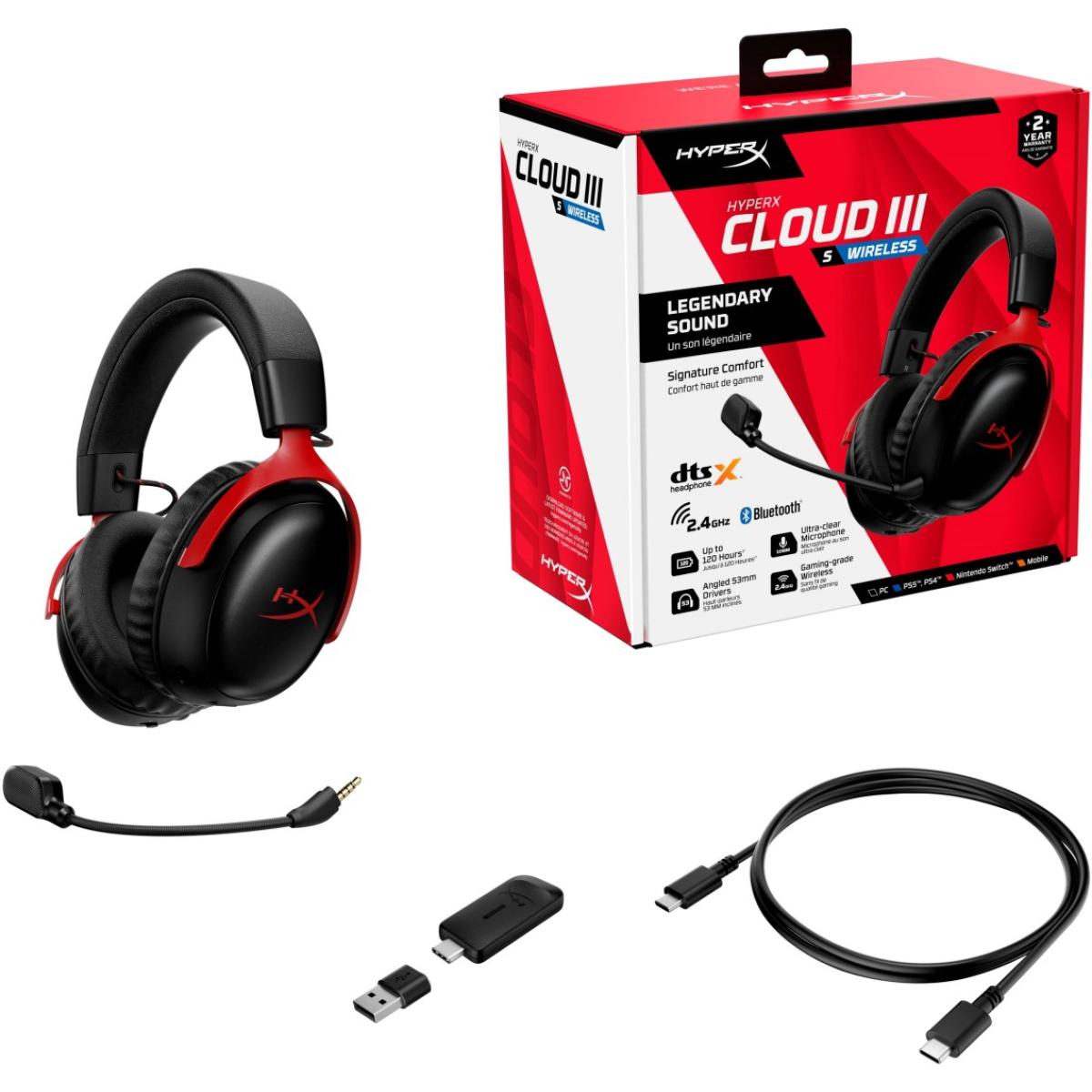 HyperX Cloud III S Wireless Gaming Headset (2.4GHz, Bluetooth), DTS:X Spatial Virtual 3D Surround Sound Spatial Audio3 Battery Life up to 120 Hours 2.4GHz / 200 Hours Bluetooth, Detachable Mic Multi-Platform– Black & Red