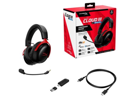 HyperX Cloud III S Wireless Gaming Headset (2.4GHz, Bluetooth), DTS:X Spatial Virtual 3D Surround Sound Spatial Audio3 Battery Life up to 120 Hours 2.4GHz / 200 Hours Bluetooth, Detachable Mic Multi-Platform– Black & Red
