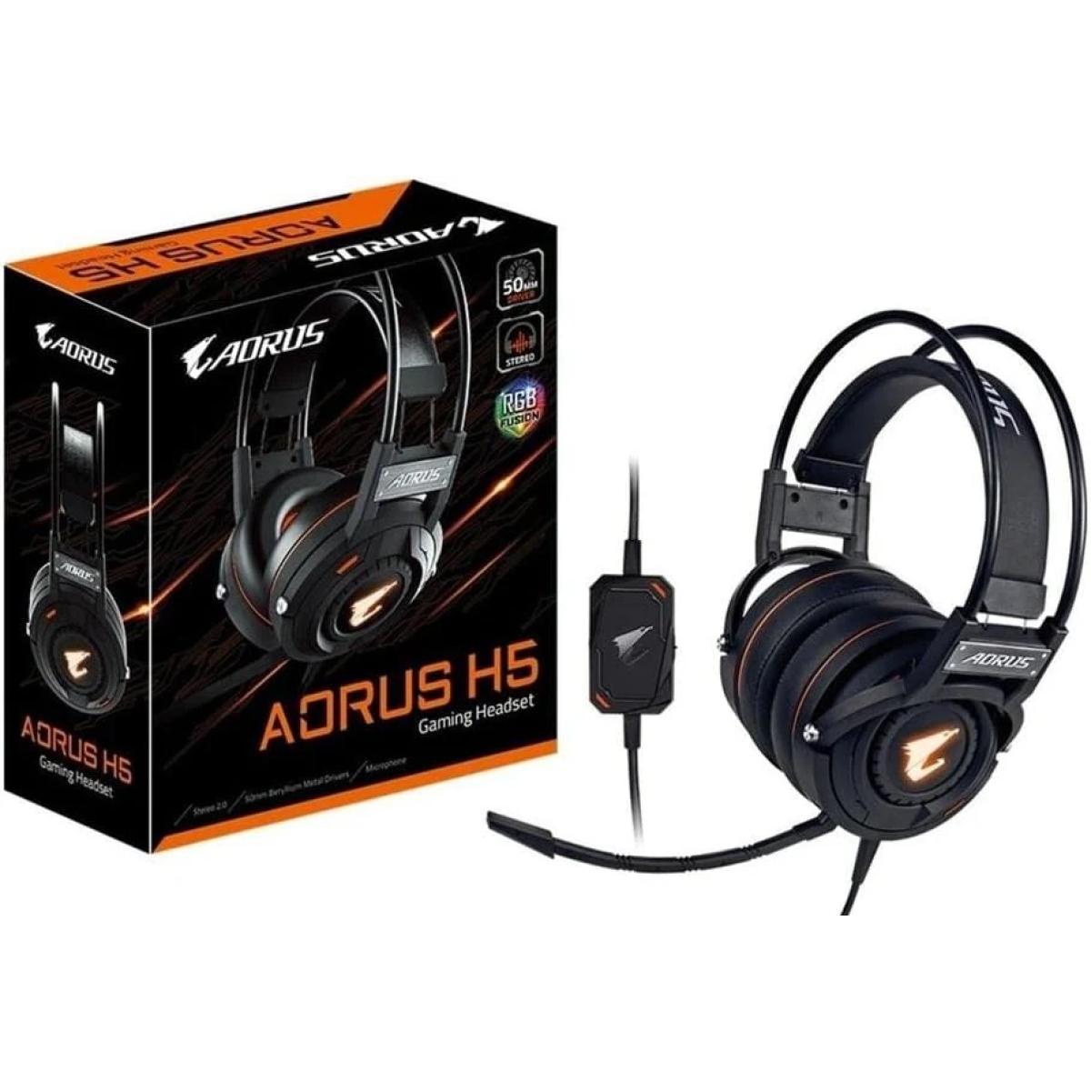 GIGABYTE AORUS H5 RGB Stereo Gaming Comfort Headset, Detachable and Bendable Microphone, In-line sound controls, Dual 3.5mm jacks for audio/mic + USB for RGB lighting