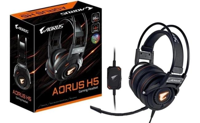 GIGABYTE AORUS H5 RGB Stereo Gaming Comfort Headset, Detachable and Bendable Microphone, In-line sound controls, Dual 3.5mm jacks for audio/mic + USB for RGB lighting