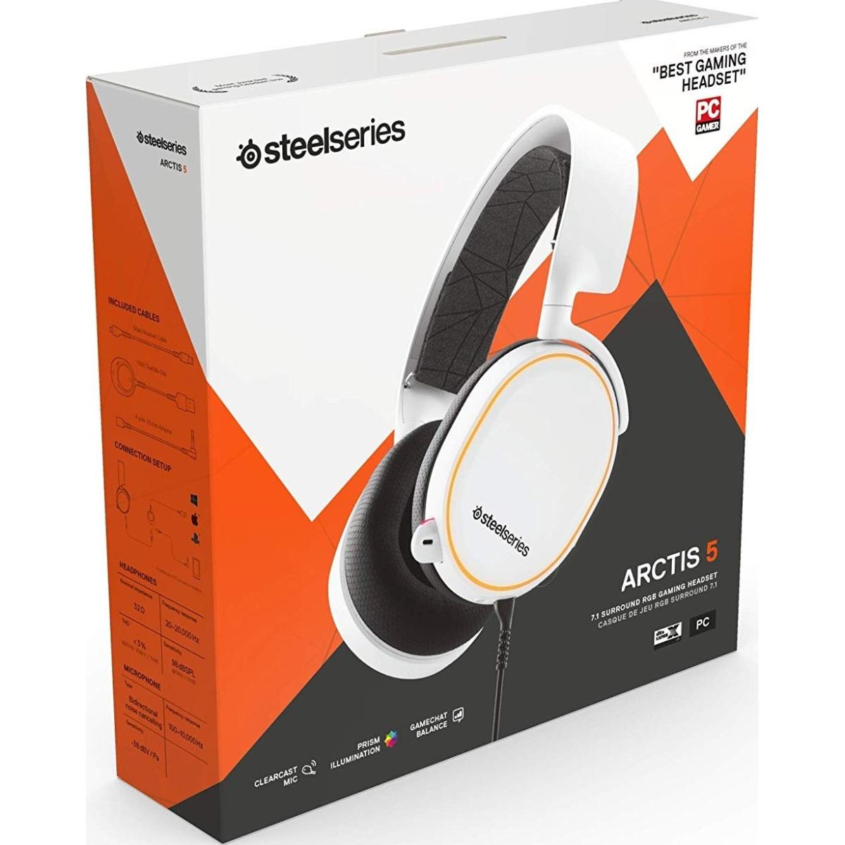 SteelSeries Arctis 5 (2022) RGB with DTS Headphone: X v2.0 - 7.1 Surround Sound For Ps4, Ps5 ,& PC - RGB Illuminated White Gaming Headset