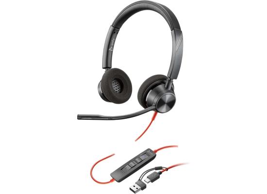 Poly Blackwire 3320 Wired Dual-Ear Boom Mic USB-C Headset + USB-C/A Adapter Noise-Canceling Mic.