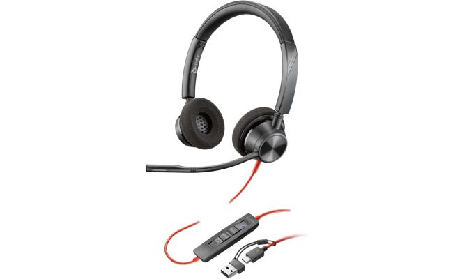 Poly Blackwire 3320 Wired Dual-Ear Boom Mic USB-C Headset + USB-C/A Adapter Noise-Canceling Mic.