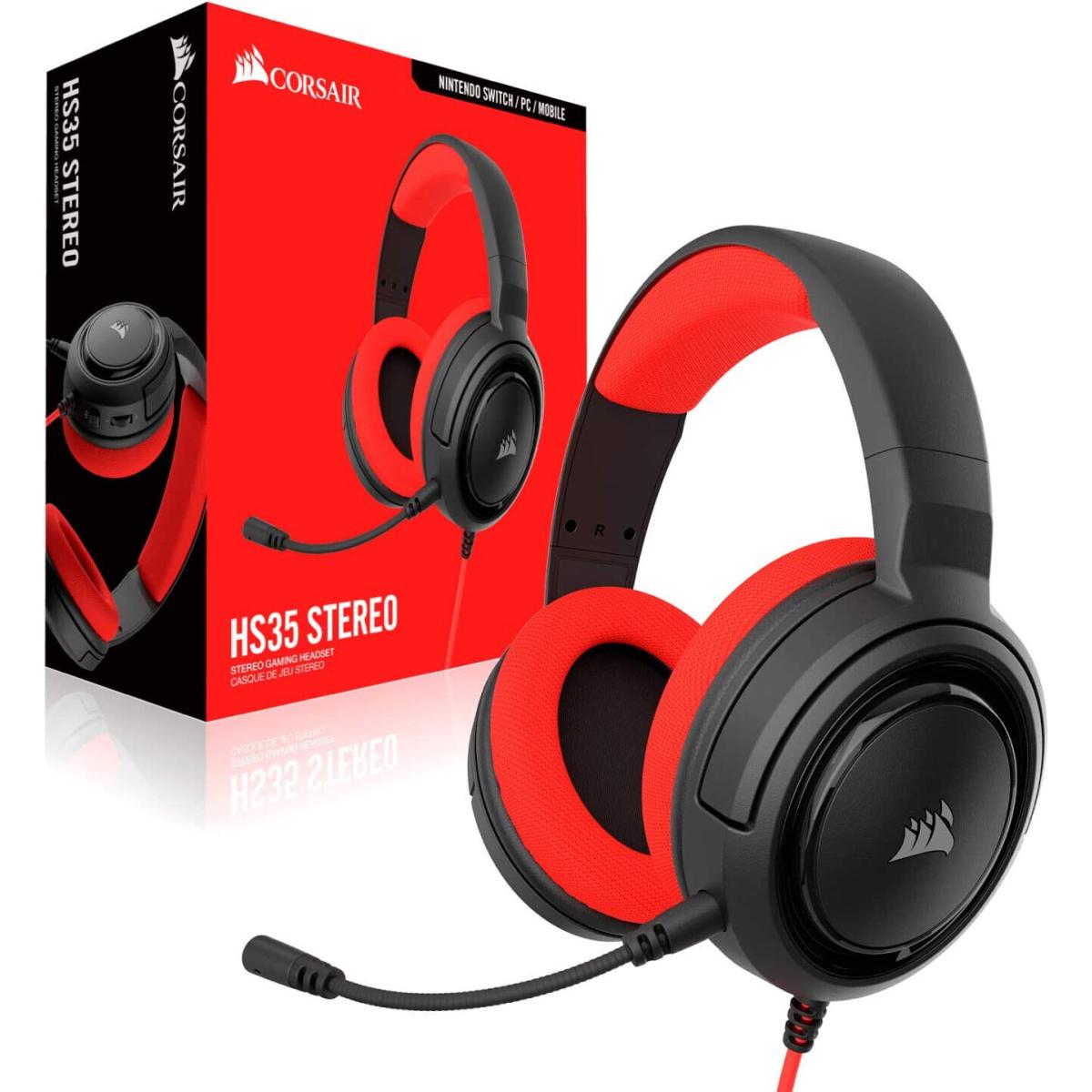 Corsair HS35 (Red) Wired Gaming Headset, 3.5mm Stereo Sound, Compatible With 360° Spatial Surround Sound On Windows, Memory Foam Earcups, Noise Cancelling Detachable Mic-For PC, Mac, Xbox, PS4, Mobile