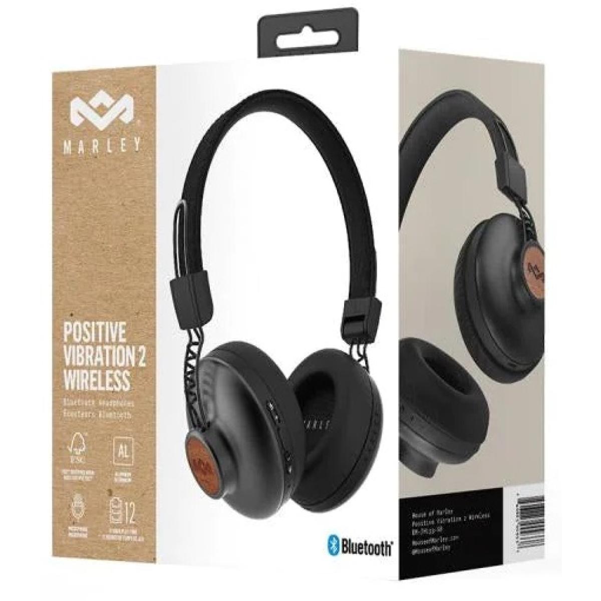 House of Marley Positive Vibration 2 Wireless On-ear Headphones w/ Microphone, Bluetooth Connectivity, Ultra-Comfortable & Foldable Design Up To 12 Hours of Playtime, Compatible with IOS and Android (Black)
