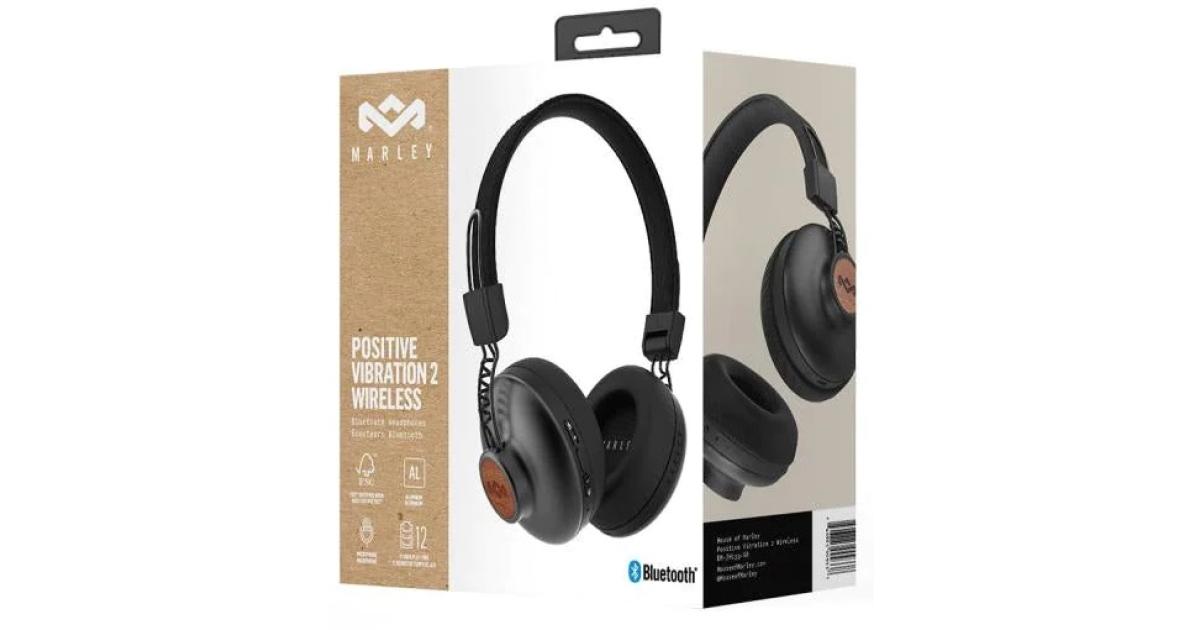 House of Marley Positive Vibration 2 Wireless On-ear Headphones w/  Microphone, Bluetooth Connectivity, Ultra-Comfortable & Foldable Design Up  To 12 Hours of Playtime, Compatible with IOS and Android (Black) |  EM-JH133-SB | OS | Jordan