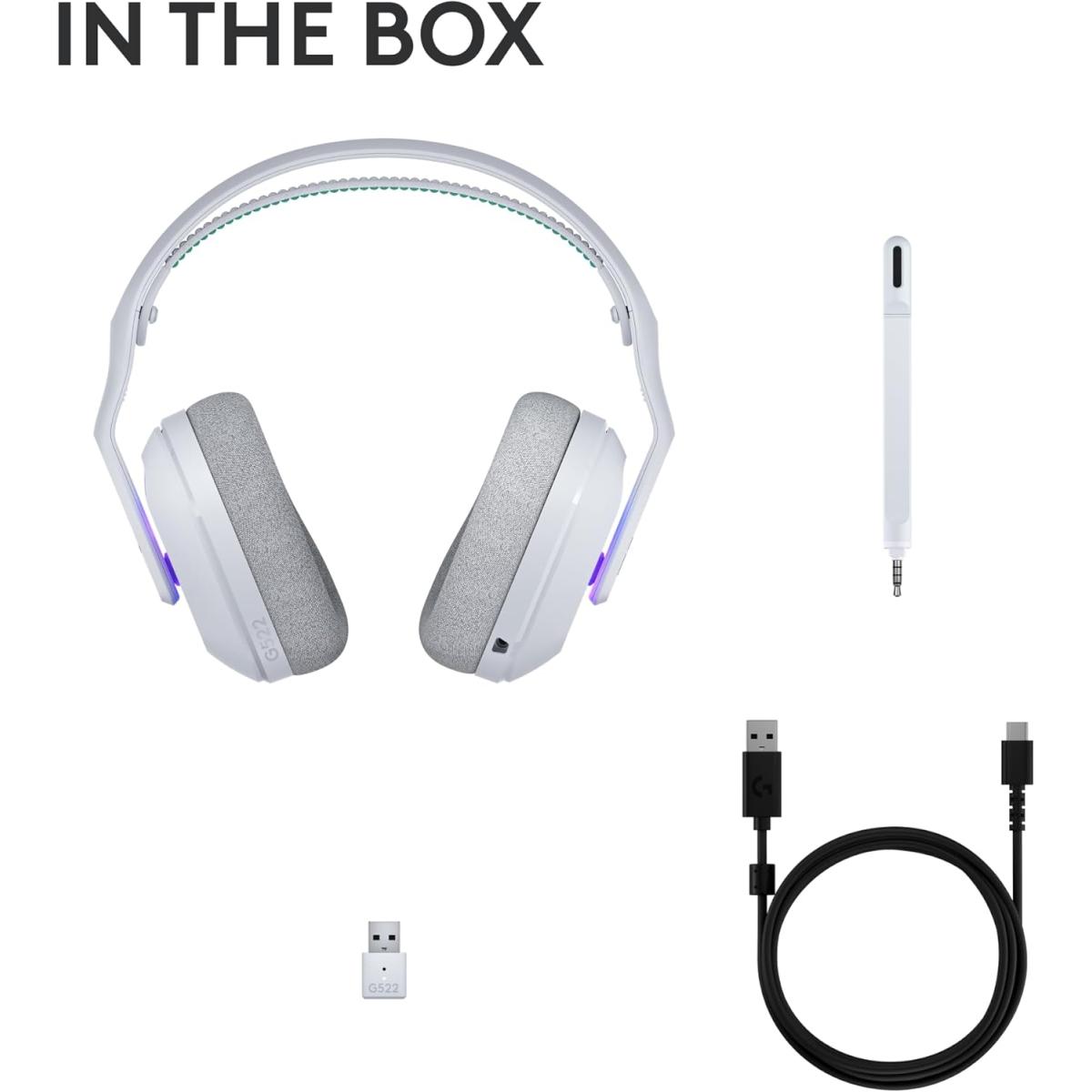 Logitech G522 LIGHTSPEED Wireless Gaming Headset, LIGHTSYNC RGB, Full Bandwidth Mic & Advanced Synchronized Audio, Tri-Connectivity with LIGHTSPEED, Bluetooth, USB-A to USB-C for PC - White