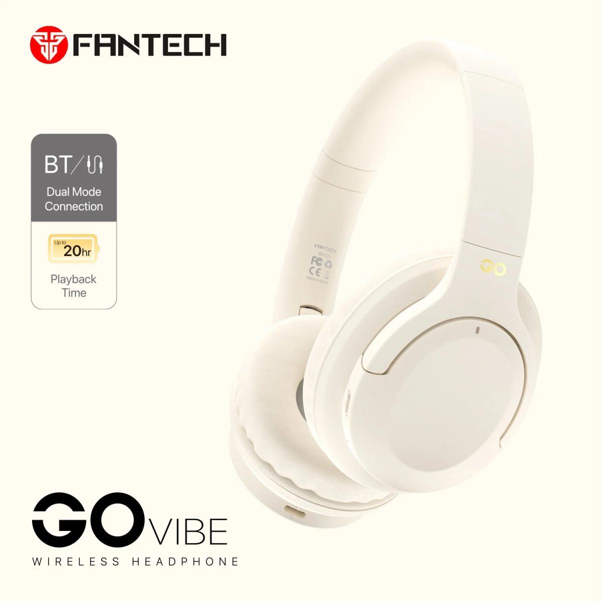 Fantech Go Vibe WH05 Wireless (Beige) Comfortable & Elegant Dual Mode Wired & Wireless Connection (BT 5.3 + 3.5mm) Headphone, Up to 20 Hours Battery Life w/ USB Type-C Charging, Swivel & Foldable Headbands, Built-in Microphone
