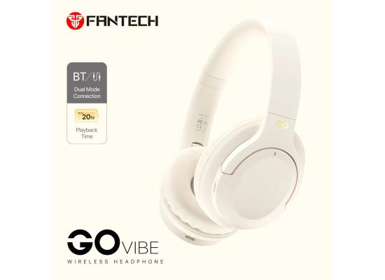 Fantech Go Vibe WH05 Wireless (Beige) Comfortable & Elegant Dual Mode Wired & Wireless Connection (BT 5.3 + 3.5mm) Headphone, Up to 20 Hours Battery Life w/ USB Type-C Charging, Swivel & Foldable Headbands, Built-in Microphone