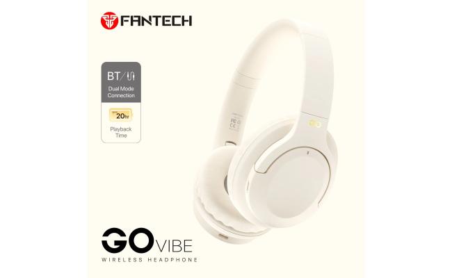 Fantech Go Vibe WH05 Wireless (Beige) Comfortable & Elegant Dual Mode Wired & Wireless Connection (BT 5.3 + 3.5mm) Headphone, Up to 20 Hours Battery Life w/ USB Type-C Charging, Swivel & Foldable Headbands, Built-in Microphone