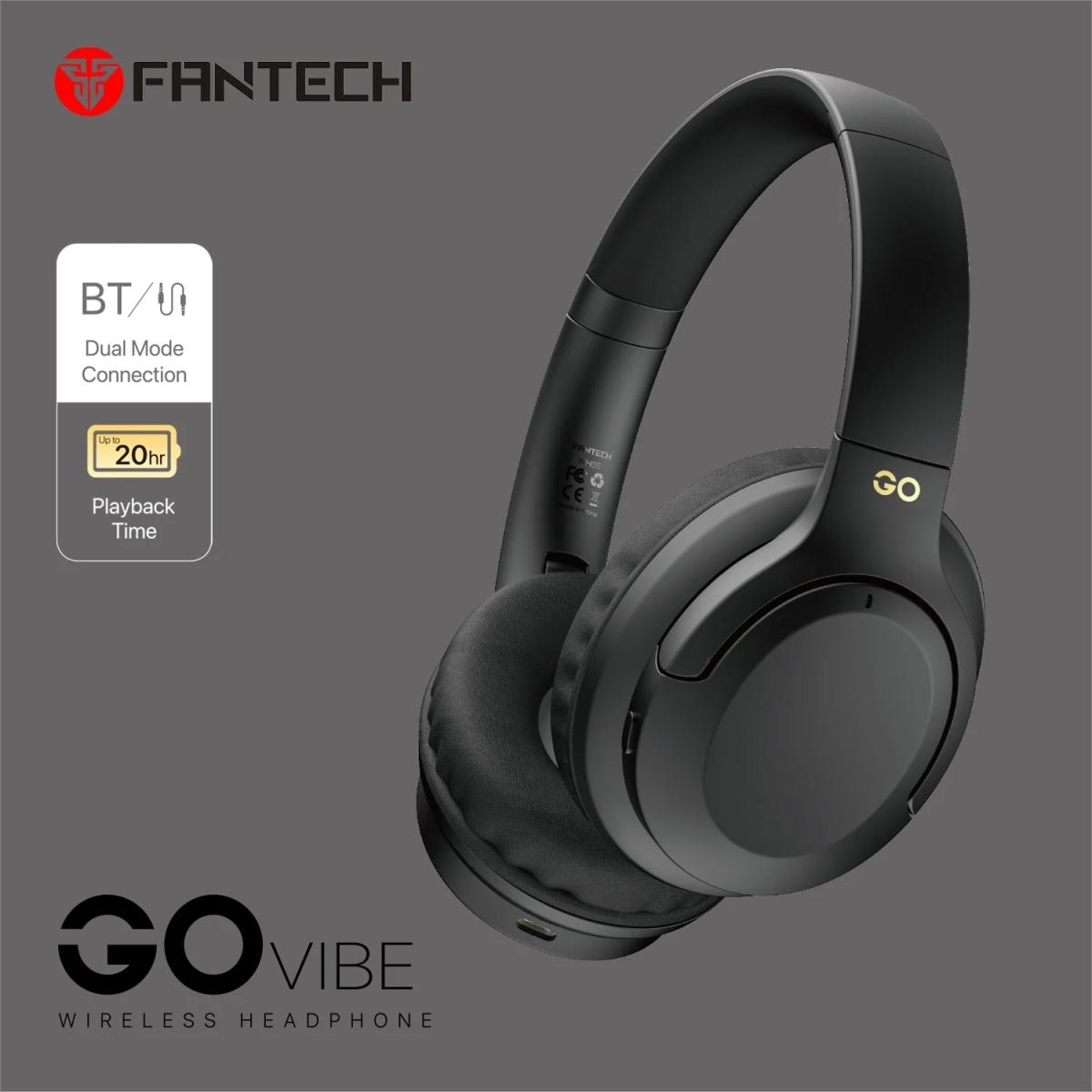 Fantech Go Vibe WH05 Wireless (Black) Comfortable & Elegant Dual Mode Wired & Wireless Connection (BT 5.3 + 3.5mm) Headphone, Up to 20 Hours Battery Life w/ USB Type-C Charging, Swivel & Foldable Headbands, Built-in Microphone