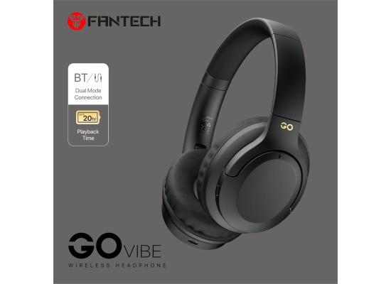 Fantech Go Vibe WH05 Wireless (Black) Comfortable & Elegant Dual Mode Wired & Wireless Connection (BT 5.3 + 3.5mm) Headphone, Up to 20 Hours Battery Life w/ USB Type-C Charging, Swivel & Foldable Headbands, Built-in Microphone