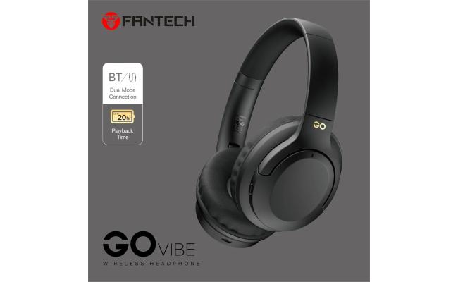 Fantech Go Vibe WH05 Wireless (Black) Comfortable & Elegant Dual Mode Wired & Wireless Connection (BT 5.3 + 3.5mm) Headphone, Up to 20 Hours Battery Life w/ USB Type-C Charging, Swivel & Foldable Headbands, Built-in Microphone