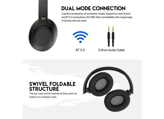 Fantech Go Vibe WH05 Wireless (Black) Comfortable & Elegant Dual Mode Wired & Wireless Connection (BT 5.3 + 3.5mm) Headphone, Up to 20 Hours Battery Life w/ USB Type-C Charging, Swivel & Foldable Headbands, Built-in Microphone