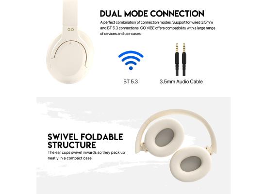 Fantech Go Vibe WH05 Wireless (Beige) Comfortable & Elegant Dual Mode Wired & Wireless Connection (BT 5.3 + 3.5mm) Headphone, Up to 20 Hours Battery Life w/ USB Type-C Charging, Swivel & Foldable Headbands, Built-in Microphone