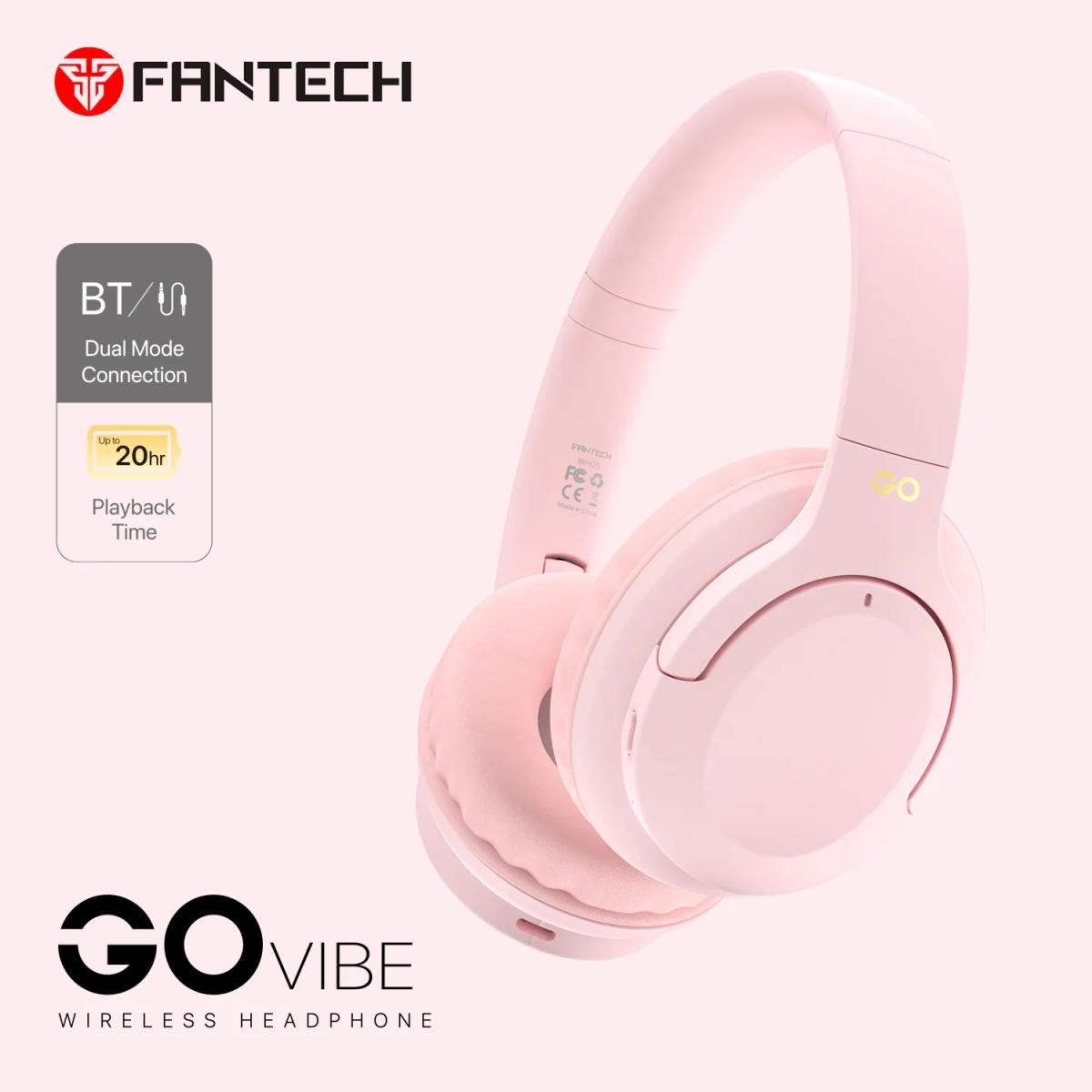 Fantech Go Vibe WH05 Wireless (Pink) Comfortable & Elegant Dual Mode Wired & Wireless Connection (BT 5.3 + 3.5mm) Headphone, Up to 20 Hours Battery Life w/ USB Type-C Charging, Swivel & Foldable Headbands, Built-in Microphone