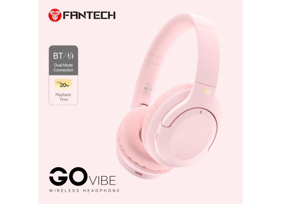 Fantech Go Vibe WH05 Wireless (Pink) Comfortable & Elegant Dual Mode Wired & Wireless Connection (BT 5.3 + 3.5mm) Headphone, Up to 20 Hours Battery Life w/ USB Type-C Charging, Swivel & Foldable Headbands, Built-in Microphone