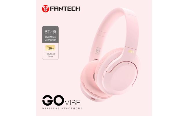 Fantech Go Vibe WH05 Wireless (Pink) Comfortable & Elegant Dual Mode Wired & Wireless Connection (BT 5.3 + 3.5mm) Headphone, Up to 20 Hours Battery Life w/ USB Type-C Charging, Swivel & Foldable Headbands, Built-in Microphone