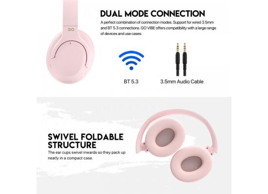 Fantech Go Vibe WH05 Wireless (Pink) Comfortable & Elegant Dual Mode Wired & Wireless Connection (BT 5.3 + 3.5mm) Headphone, Up to 20 Hours Battery Life w/ USB Type-C Charging, Swivel & Foldable Headbands, Built-in Microphone