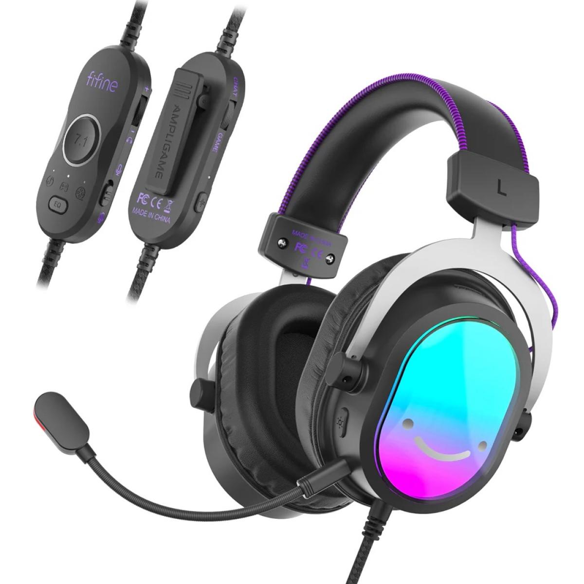 FIFINE H16 RGB Gaming Headset with 7.1 Surround Sound, EQ Switch, Detachable Noise Reduction Microphone and MultiPlatform Support