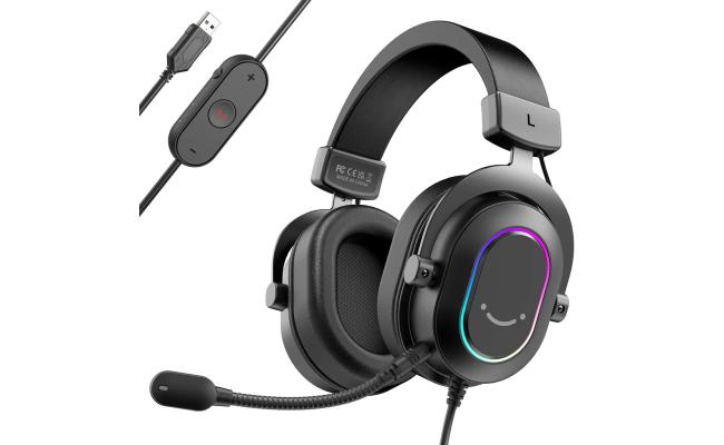 FIFINE AmpliGame H6 USB Headset for PC Gaming with RGB, In-line Controls of 7.1 Surround Sound, EQ modes Volume & Mute