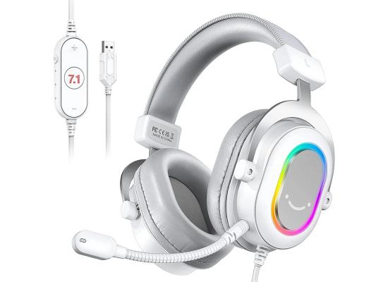 FIFINE AmpliGame H6 USB Headset for PC Gaming with RGB, In-line Controls of 7.1 Surround Sound, EQ modes Volume & Mute (White)