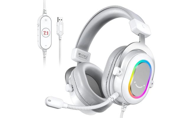 FIFINE AmpliGame H6W USB Headset for PC Gaming with RGB, In-line Controls of 7.1 Surround Sound, EQ modes Volume & Mute (White)