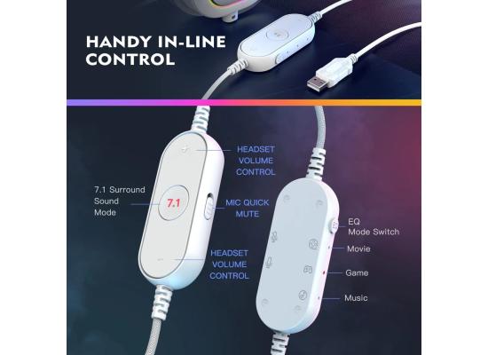 FIFINE AmpliGame H6W USB Headset for PC Gaming with RGB, In-line Controls of 7.1 Surround Sound, EQ modes Volume & Mute (White)