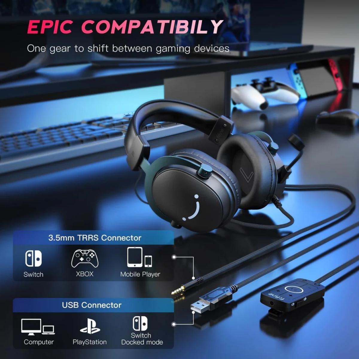 FIFINE AmpliGame H9 3.5mm Headset with USB Control Box for Mute, I/O Volume, 7.1 Surround Sound for Console/PC