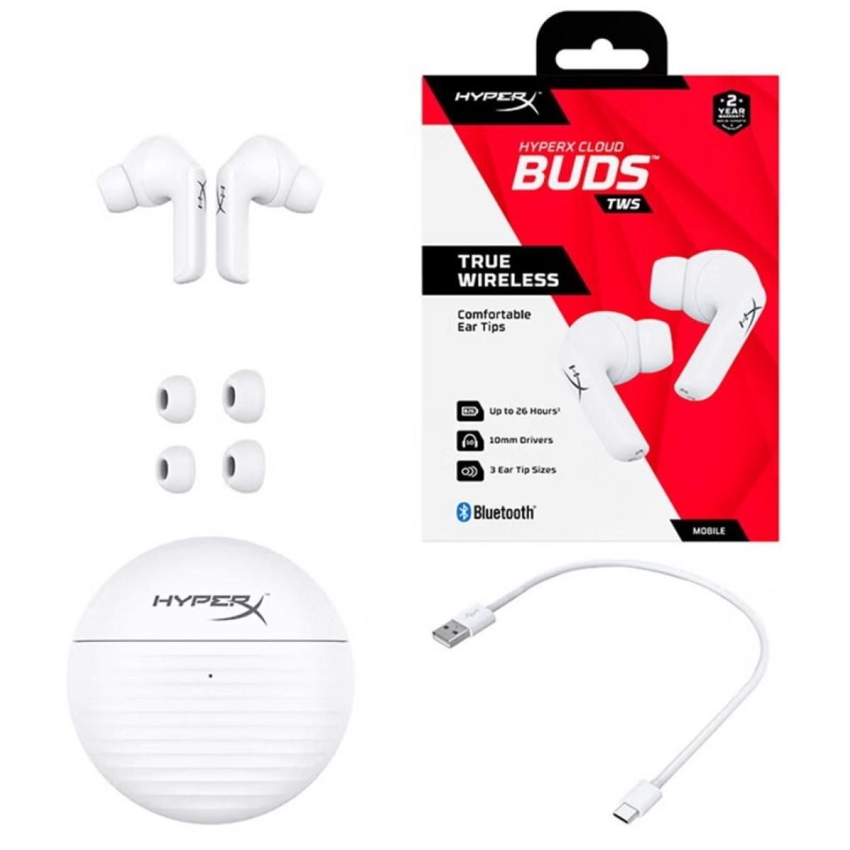 HyperX Cloud Buds TWS - True Wireless White Bluetooth w/ Touch Control, IPX4 Water Resistant & Battery Life Up To 26 Hours