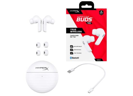 HyperX Cloud Buds TWS - True Wireless White Bluetooth w/ Touch Control, IPX4 Water Resistant & Battery Life Up To 26 Hours 