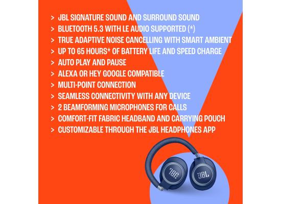 JBL Live 770NC - Wireless Over-Ear Headphones with True Adaptive Noise Cancelling with Smart Ambient, Up to 65 Hours of Battery Life, Comfort-fit Fabric Headband & Carrying Pouch (Blue)