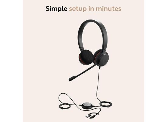 Jabra Evolve 20 Wired Headset (2025 Edition) - Dual-Ear Set for Office and Work from Home - Call Control - Certified for MS Teams - USB-C/A Connectivity - Black