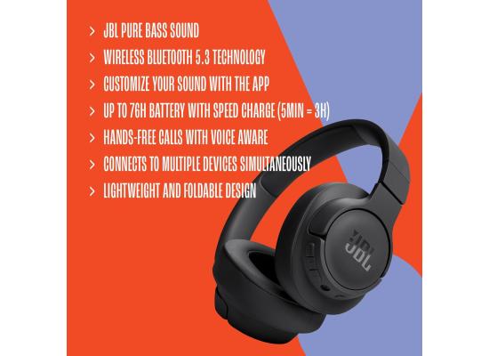 JBL Tune 720BT - Wireless Over-Ear Headphones with JBL Pure Bass Sound, Bluetooth 5.3, Up to 76H Battery Life and Speed Charge, Lightweight, Comfortable and Foldable Design (Blue)