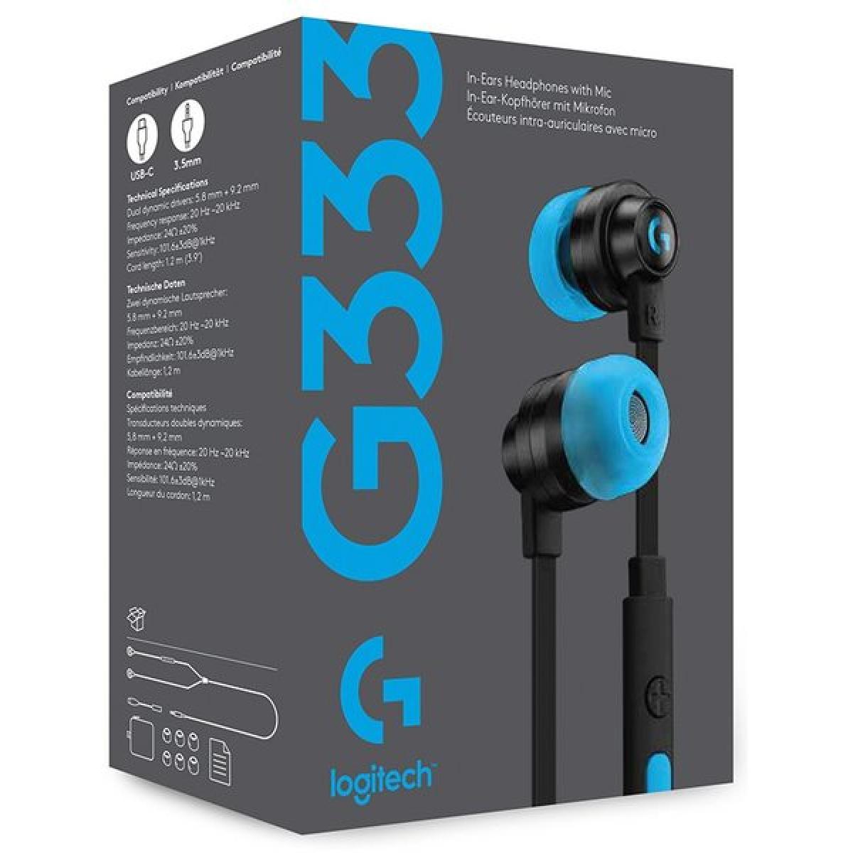 Logitech G333 Black Gaming Headphone , 3.5mm Connector & USB-C adapter, High Fidelity Audio w/ Mic & Dual Drivers, MultiPlatform Earphones