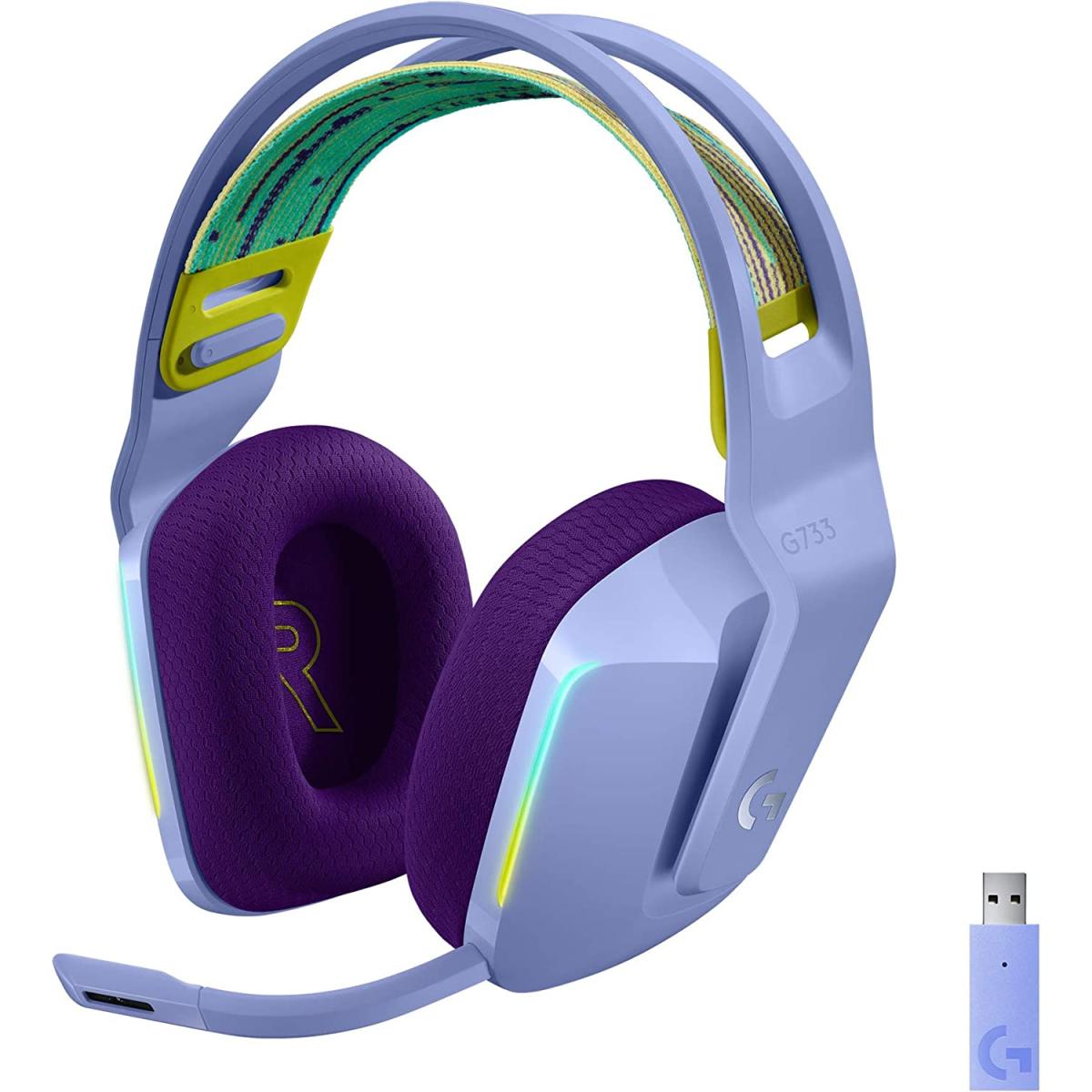 Logitech G733 Wireless Lightspeed Gaming Headset (Lilac), DTS Headphone:X 2.0 surround sound 7.1, Lightsync RGB, Blue VO!CE mic technology ,278g ULTRA LIGHTWEIGHT, Up To 29 Hours Battery Life