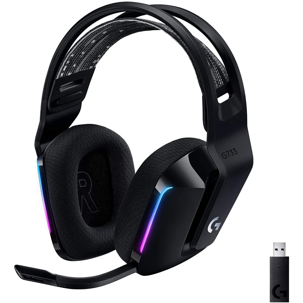 Logitech G733 Wireless Lightspeed Gaming Headset, DTS Headphone:X 2.0 surround sound 7.1, Lightsync RGB, Blue VO!CE mic technology ,278g ULTRA LIGHTWEIGHT, Up To 29 Hours Battery Life (Black)