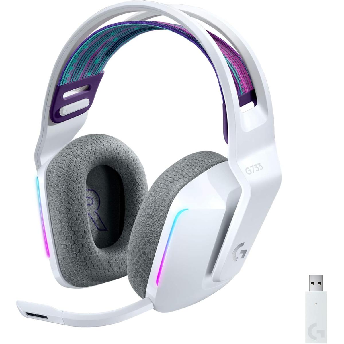 Logitech G733 Wireless Lightspeed Gaming Headset, DTS Headphone:X 2.0 surround sound 7.1, Lightsync RGB, 278g ULTRA LIGHTWEIGHT, Up To 29 Hours Battery Life (White)
