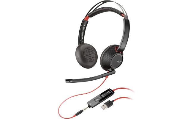 Poly - Blackwire 5220 USB-A Headset (Plantronics) - Wired, Dual Ear (Stereo) Computer Headset with Boom Mic - USB-A, 3.5 mm to connect to your PC, Mac, Tablet and/or Cell Phone