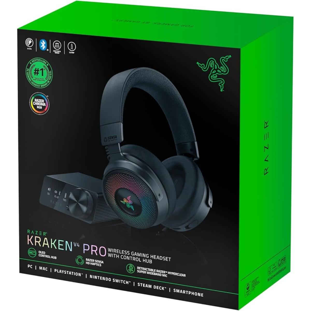 Razer Kraken V4 PRO RGB Chroma Wireless Pro Level Gaming Headset (2.4GHz, Bluetooth) USB, 3.5 mm, OLED Control Hub, Thx Spatial Audio 7.1 w/Super Wideband Mic for PC, Mac, PS5, Smartphone - Black