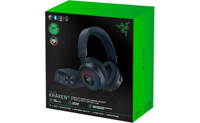 Razer Kraken V4 PRO RGB Chroma Wireless Pro Level Gaming Headset (2.4GHz, Bluetooth) USB, 3.5 mm, OLED Control Hub, Thx Spatial Audio 7.1 w/Super Wideband Mic for PC, Mac, PS5, Smartphone - Black