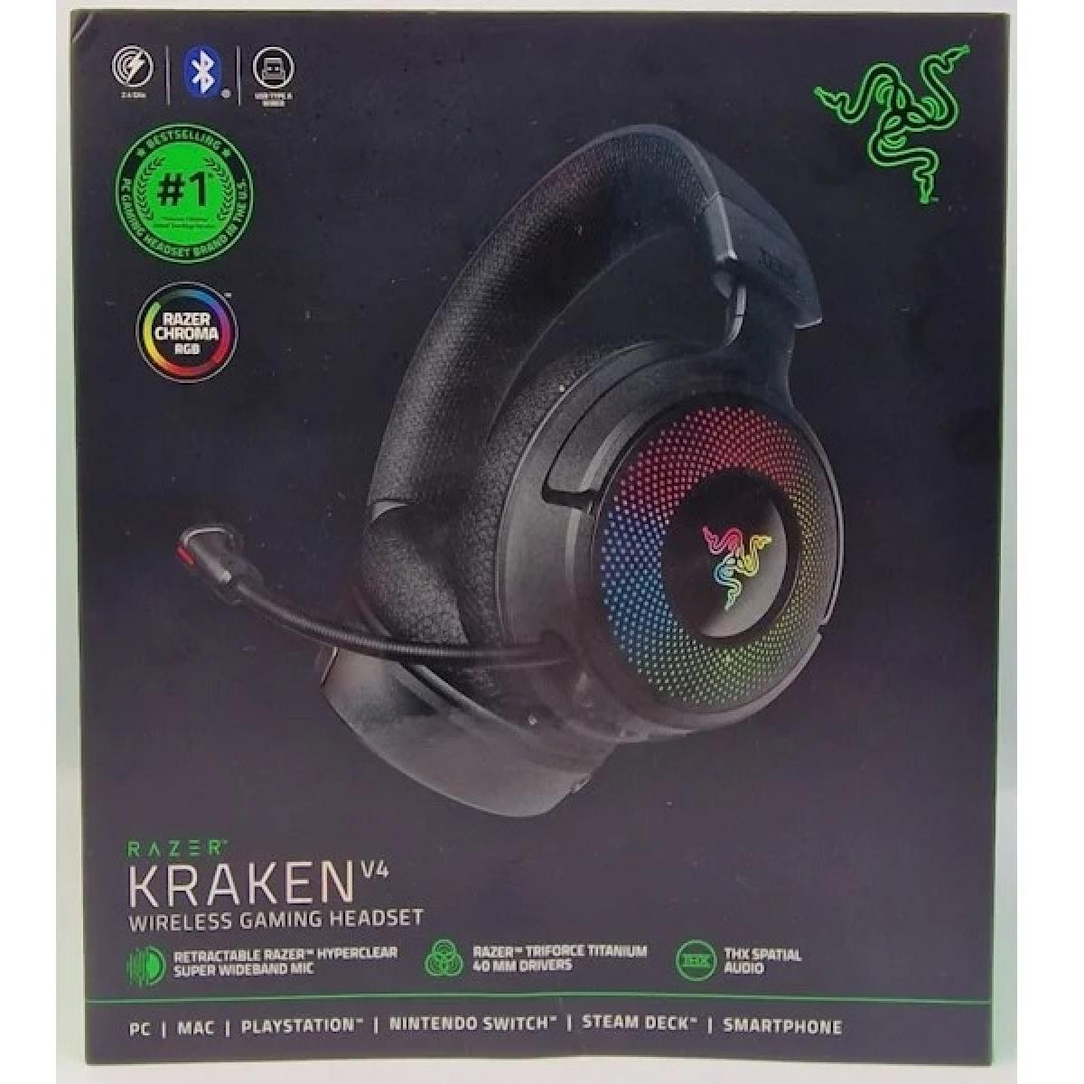 Razer Kraken V4 RGB Chroma Wireless Pro Level Gaming Headset (2.4GHz, Bluetooth) USB, Thx Spatial Audio 7.1 w/Super Wideband Mic for PC, Mac, PS5, Smartphone - Black
