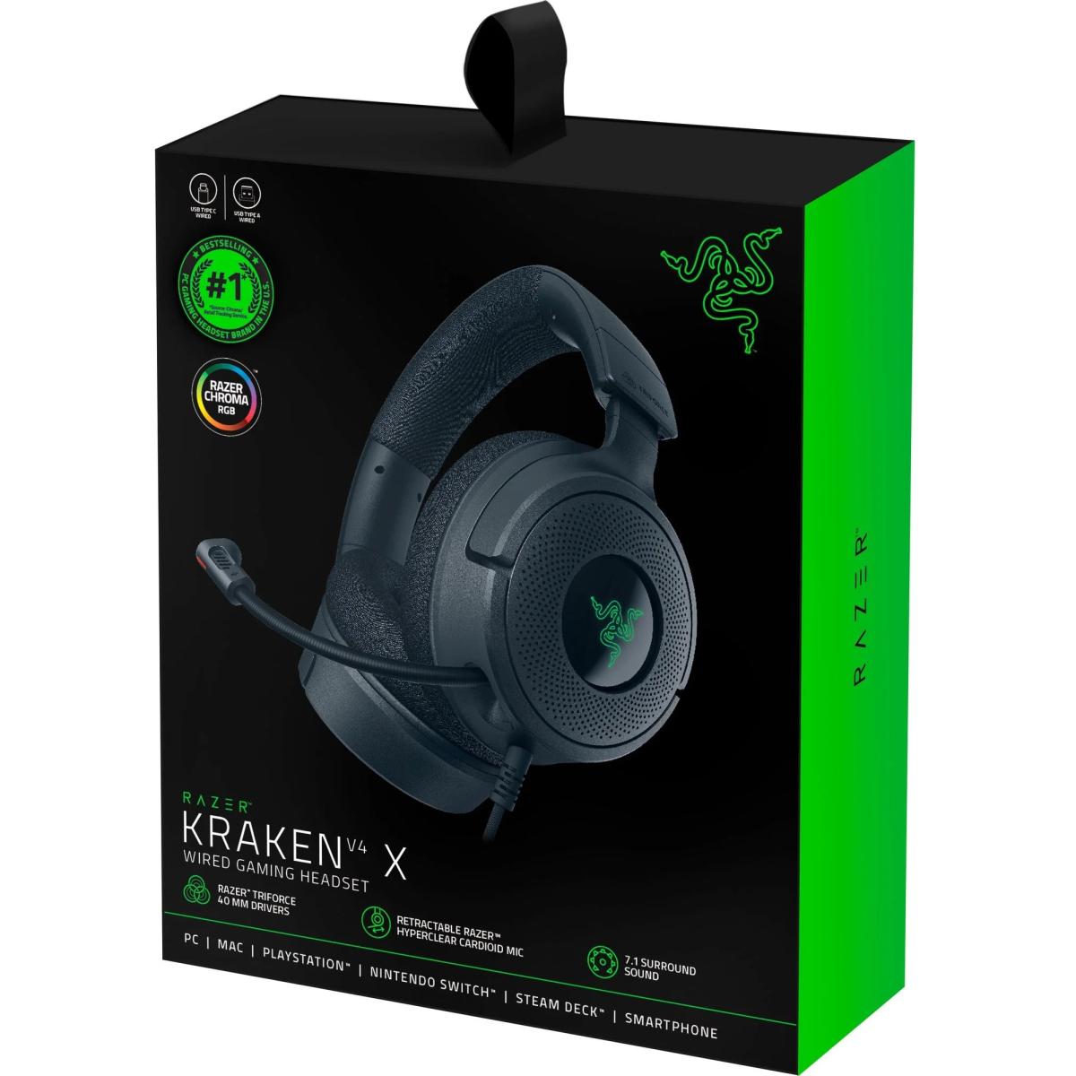 Razer Kraken V4 X Chroma RGB Wired Gaming Headset w/ 7.1 surround sound, Cardioid Mic & Memory Foam Cushions, Type C & Type A Cable for PC, Mac, PS5,Smartphone