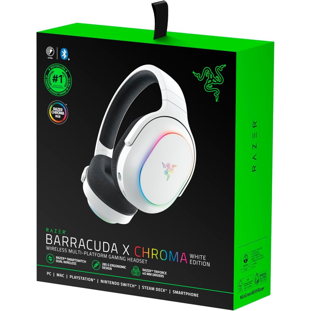 Razer Barracuda X Chroma Lightweight RGB Wireless Gaming Headset (2.4GHz Wireless & Bluetooth), 7.1 Surround Sound, Cardioid Mic, 70 Hr Battery, for PC, Mac, PS5, Switch, Smartphone - White
