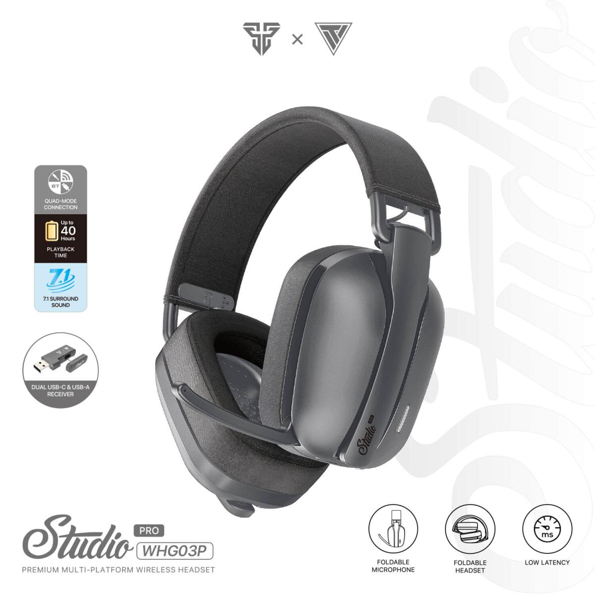 Fantech Studio Pro WHG03 7.1 Surround Sound (Grey) Wireless & Wired Gaming Headset Quad-Mode Connection (BT, Low Latency 2.4GHz, 3.5mm, USB 7.1) Up To 40 Hours Battery For PC, MacOS, XBOX, PS, iOS, Android