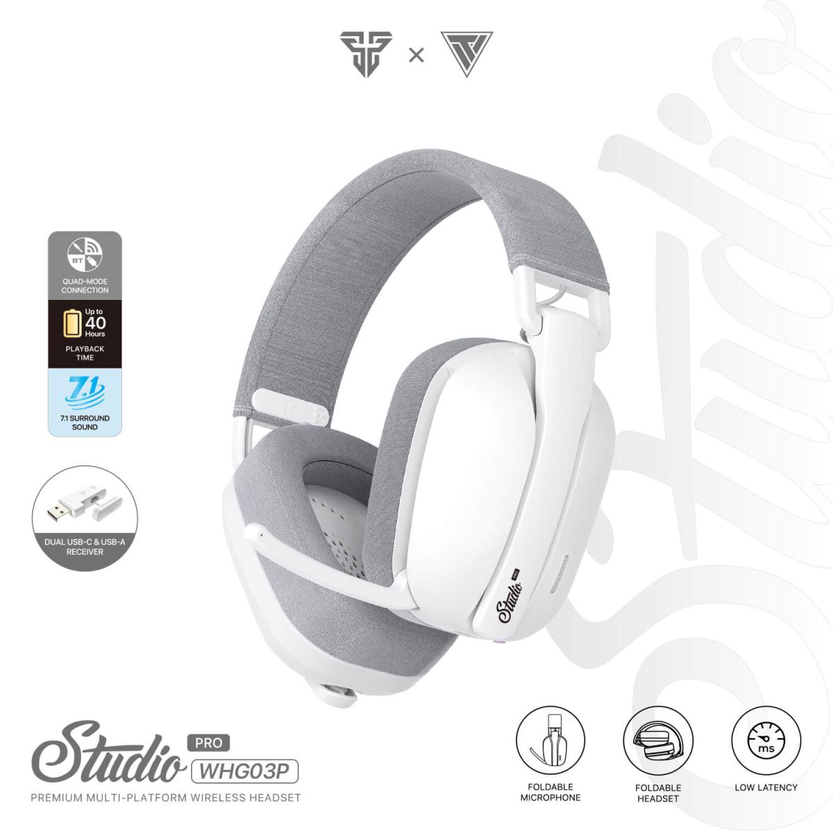 Fantech Studio Pro WHG03 7.1 Surround Sound (White) Wireless & Wired Gaming Headset Quad-Mode Connection (BT, Low Latency 2.4GHz, 3.5mm, USB 7.1) Up To 40 Hours Battery For PC, MacOS, XBOX, PS, iOS, Android